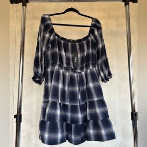 Lulu's Navy Plaid Tiered Half Sleeve Mini Dress